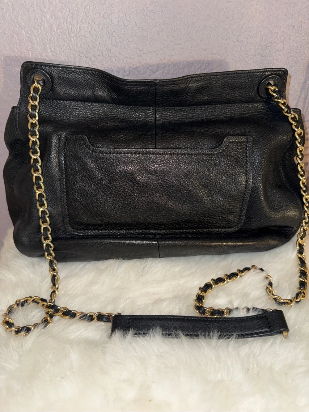 Tory Burch Black Leather Whipstitch Flap Crossbody with Gold Chain